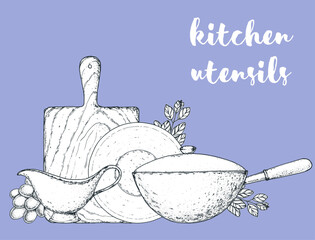 Composition of kitchen utensils. Kitchenware vector illustration. Kitchen utensils hand drawn sketch. Plate, cutting board, stewpot.