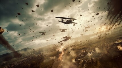 Visualize a thrilling airborne assault, with paratroopers descending from the sky, aircraft soaring overhead, and a chaotic battlefield unfolding below