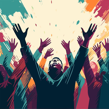 Hands Raised Worship Singing Looking Flat Vector Illustration