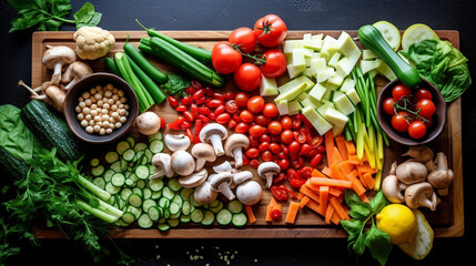 Ingredients for vegetable salad, diet and healthy food. Low calorie flatlay layout. Illustration, generative ai