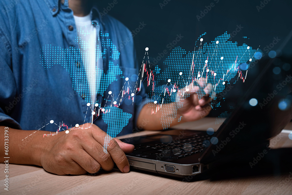 Aufkleber man hand point on business graph target on virtual screen