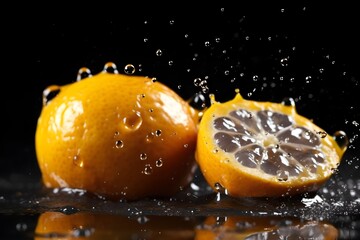 Fototapeta na wymiar photo fresh halved Orange with water splash on black background. Generative AI
