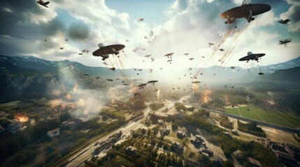 Naklejka premium Visualize a thrilling airborne assault, with paratroopers descending from the sky, aircraft soaring overhead, and a chaotic battlefield unfolding below