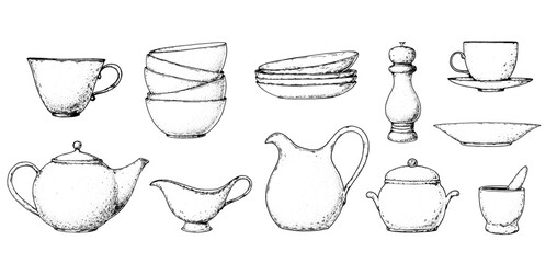 Kitchenware sketch collection. Kitchen utensils sketch set. Hand drawn vector illustration. Cup, plates, spice grinder, teapot, jug, spice mortar, bowl, creamer