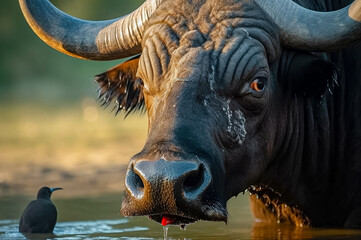 A buffalo drinks water at a watering hole, a bird is nearby, close-up. Generative AI