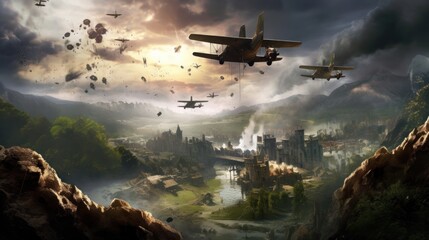 Fototapeta na wymiar Visualize a thrilling airborne assault, with paratroopers descending from the sky, aircraft soaring overhead, and a chaotic battlefield unfolding below