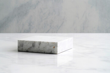 Pristine white empty marble stone set against a grey background.