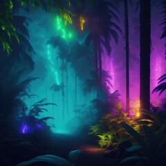 Fototapeta na wymiar Tropical Palm Trees Retro Style Neon Glowing Lights Tubes Dark Night Futuristic Fantasy Generative Ai