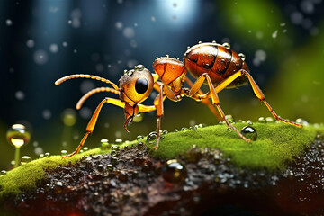 Ant on a tussock with moss and dew, close-up. Macro photography. Generative AI