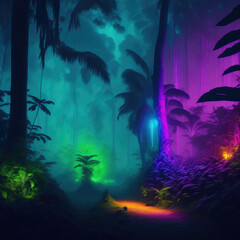 Tropical Palm Trees Retro Style Neon Glowing Lights Tubes Dark Night  Futuristic Fantasy Generative Ai