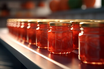 Close-up of glass jars with red berry jam on an industrial production line