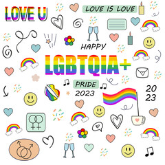 Vector. Colorful LGBT doodle, celebratory icons with colors of the pride flag