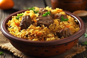 Fototapeta premium Nasi Biryani, a South Asian Indian dish of spiced rice and meat.