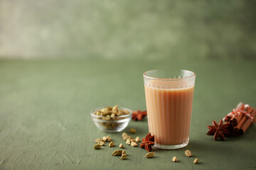 Traditional middle eastern beverage, indian drink masala or arabian karak chai. Copy space