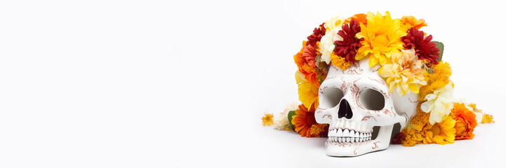 Banner with White skull in marigold flowers wreath. Dia de los muertos. Generative AI illustration