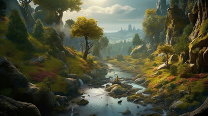 Fototapeta na wymiar Fantasy forest in fairy land with distant city