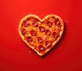 Valentine Day pizza or restaurant concept. love shape pizza isolated on red background concept of valentine day. love food- pizza day created with Generative AI technology