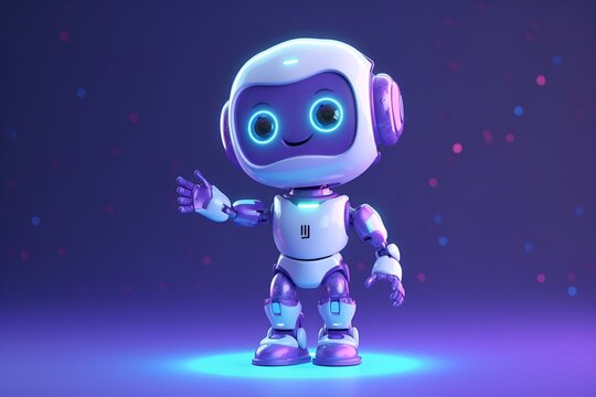 Positive cute smiling robot of white color  at a spacefull background.Generated by AI.