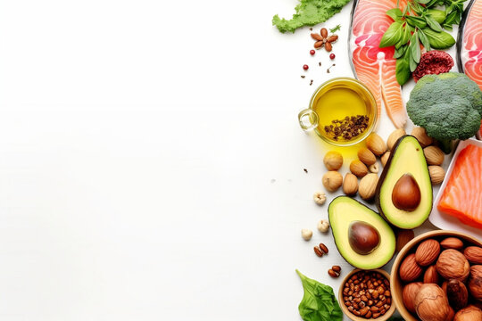 Ketogenic keto diet including vegetables, meat and fish.,top view,AI generated
