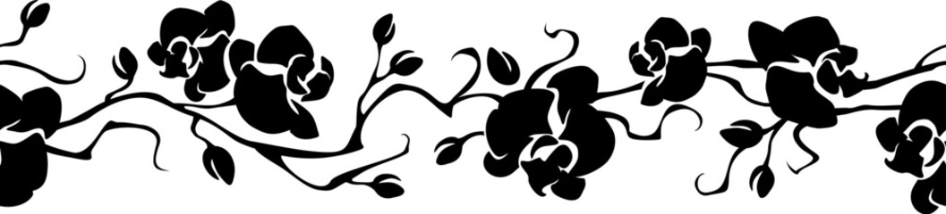 Seamless border with orchid flowers branches. Horizontal seamless garland with orchid flowers silhouettes. Vector black and white vignette © naddya