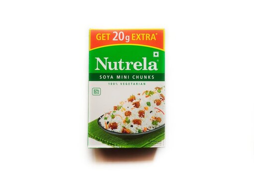 Guwahati, Assam, India - February 11, 2023 : Nutrela SOYA Mini Chunks pack in isolated background.