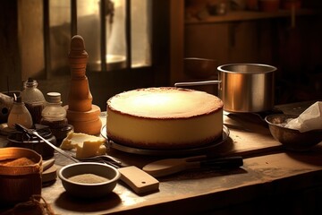 make cheesecake in front oven and stuff food photography