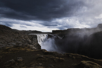 The majestic Dettifoss Waterfall in Iceland, the most powerful waterfall in europe under a dramatic sky
