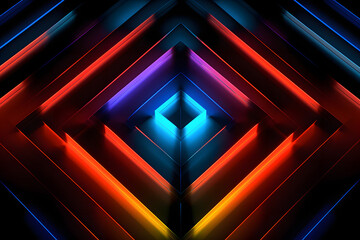 Futuristic Glow: Vibrant light pattern emerges on a black backdrop, showcasing a captivating fusion of colors. Experience the dynamic allure of cubo-futurism in this visually stunning composition.