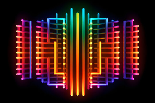 Totems of Neon: Colorful grids in the style of columns, emanating vibrant neon glow against a sleek black background. An eye-catching image that brings a modern and artistic touch to your projects.