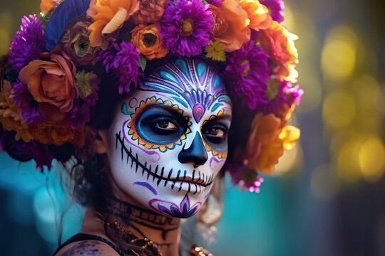 Day of the dead in Mexico. Close-up portrait of woman with skull face make up. Dia de Muertos. Generative AI