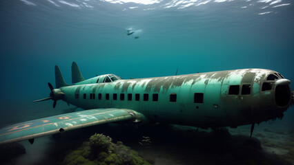 Naklejka premium Airplane on abandoned ruins under the sea, underwater photo, AI Generated