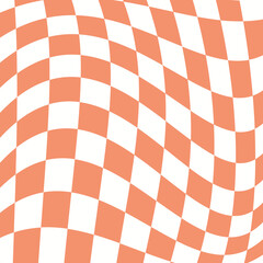 Twisted checkered orange monochrome background. Abstract vector pattern. Retro wavy psychedelic checkerboard