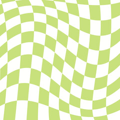 Twisted checkered green monochrome background. Abstract vector pattern. Retro wavy psychedelic checkerboard
