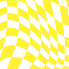 Twisted checkered yellow monochrome background. Abstract vector pattern. Retro wavy psychedelic checkerboard