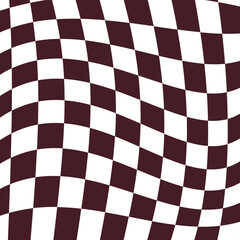 Twisted checkered brown monochrome background. Abstract vector pattern. Retro wavy psychedelic checkerboard