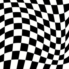 Twisted checkered monochrome black background. Abstract vector pattern. Retro wavy psychedelic checkerboard
