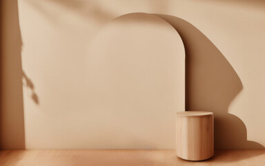 Wood product display in beige background, soft shadow, AI Generated