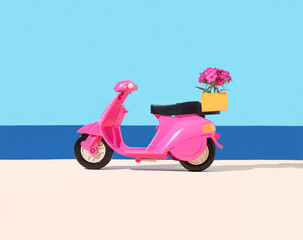 Fototapeta na wymiar Pink moped toy with pink flowers in full bloom and yellow gift box isolated on a sea horizon background. Concept of travel, fun, transport, vocations. Seaside promenade. Copy space. Frontal view.