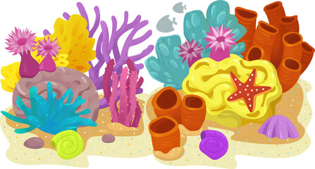 cartoon scene with coral reef with swimming cheerful fish isolated element illustration for children