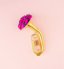 Golden tuba musical instrument with beautiful pink flowers on pastel pink background. Minimal creative concept of music, happiness, nature, art. Flat lay.