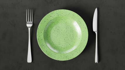 A set of steel fork and knife lies parallel to each other next to a green plate on a dark concrete surface