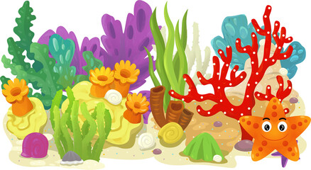 cartoon scene with coral reef with swimming cheerful fish isolated element illustration for children