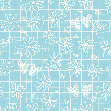 Seamless pattern with hand drawn great design for wedding decoration, for tablecloth, napkins, background on blue background. Wedding, Valentines Day concept, love,, romance concept