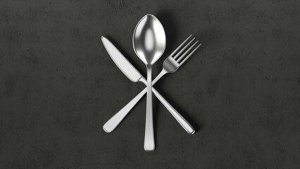 Steel spoon, knife and fork cross each other on a dark concrete surface