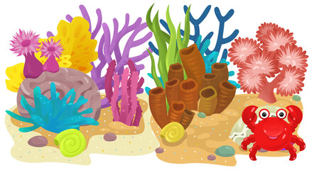 cartoon scene with coral reef with swimming cheerful fish isolated element illustration for children