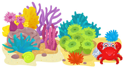 cartoon scene with coral reef with swimming cheerful fish isolated element illustration for children