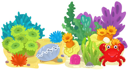 cartoon scene with coral reef with swimming cheerful fish isolated element illustration for children