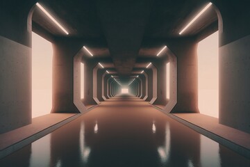 Futuristic underground corridor with colorful lights Generative AI