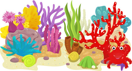 cartoon scene with coral reef with swimming cheerful fish isolated element illustration for children