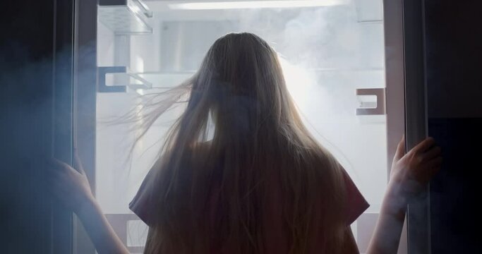 Rear view of a young woman looking inside the refrigerator. Wind and fog blow in her face and sway her hair
